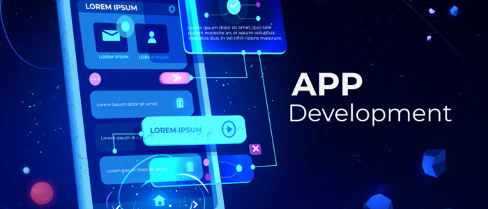 App development adaptive layout application banner App development banner, adaptive layout application web interface on smartphone touch screen, user software API prototyping, testing, neon glowing background. Cartoon vector illustration, landing page